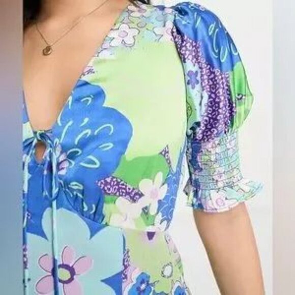 ASOS | Petite Satin Midi Tea Dress 8P Blue Green Abstract Floral Print - Picture 2 of 15